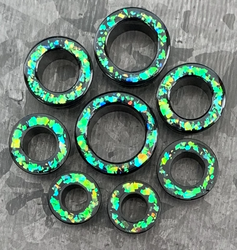 PAIR Green Opal Glitter Rim Screw Fit Tunnels Ear Plugs Earlet Rimmed Gauges - Image 3 of 4