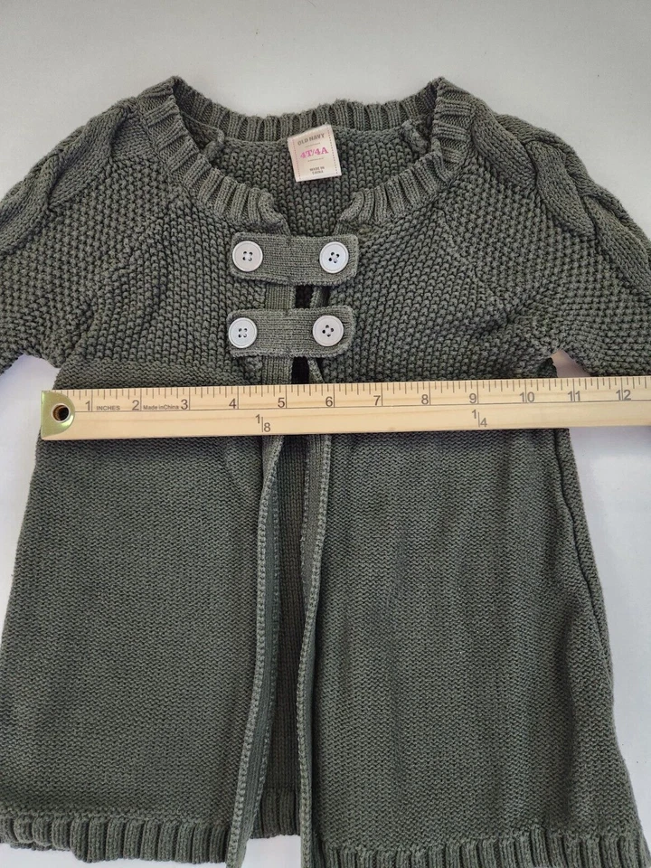 Old Navy Cable Knit Cardigan Sweater Size 4T 4A Olive Babydoll Dress Button - Image 3 of 4