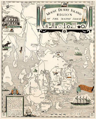 Map of Mount Desert Island Region of the Maine Coast Wall Art Poster