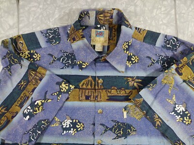 Avi Kahala Mens Size Medium Aloha Hawaiian Shirt Beach Fish Hut  Made in USA