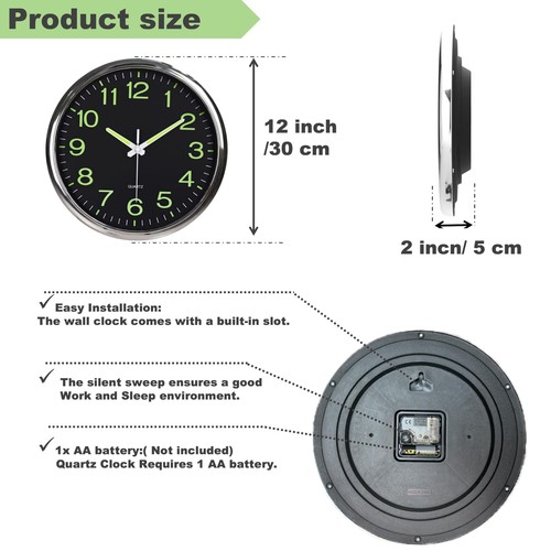 12" Night Light Wall Clock Silent Non-Ticking Quartz Clock Luminous Numbers - Picture 2 of 12
