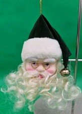 Santa Head Ceramic Face Ornament Curly Beard Glasses & Green Hat Christmas Decor