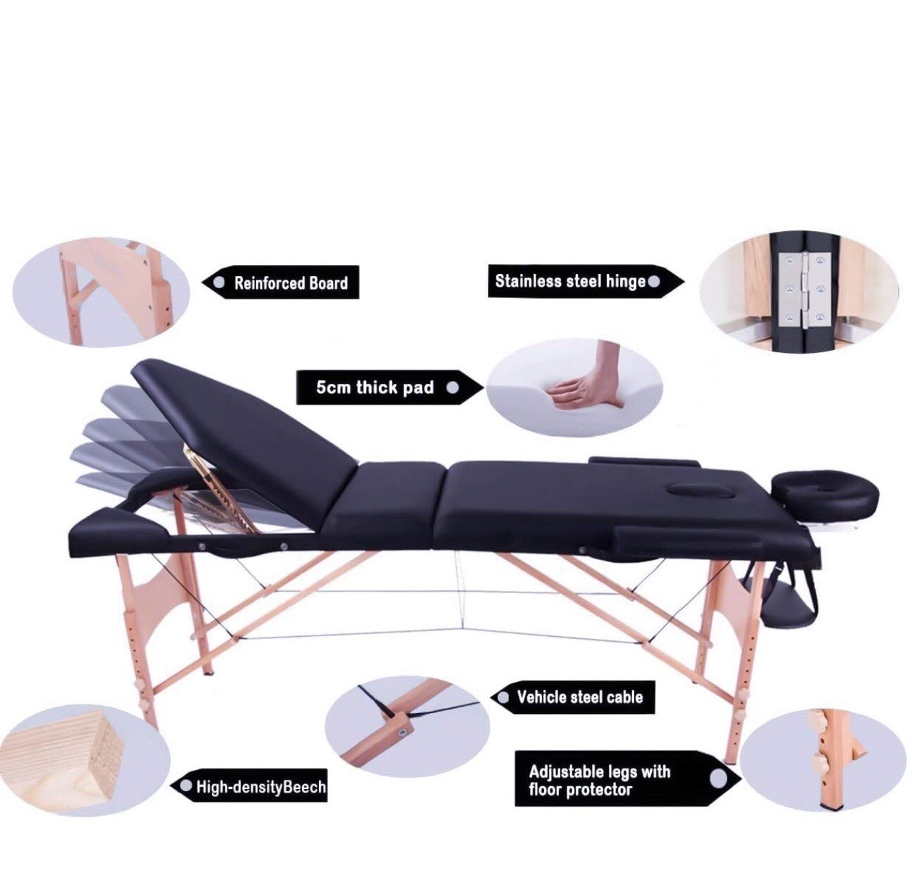 Vesgantti Portable Massage Bed Table 3Section Foldable Beauty Couch