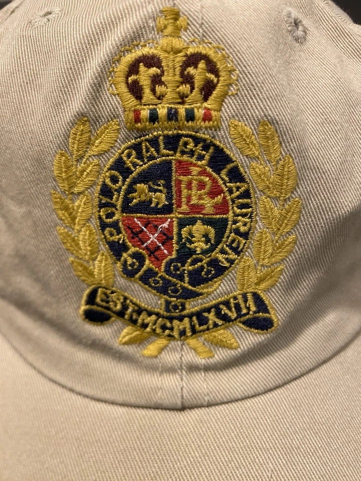 Polo Ralph Lauren 非常罕见 90 年代可调节棕褐色帽子金色头饰刺绣 — 第 2/4 张图片