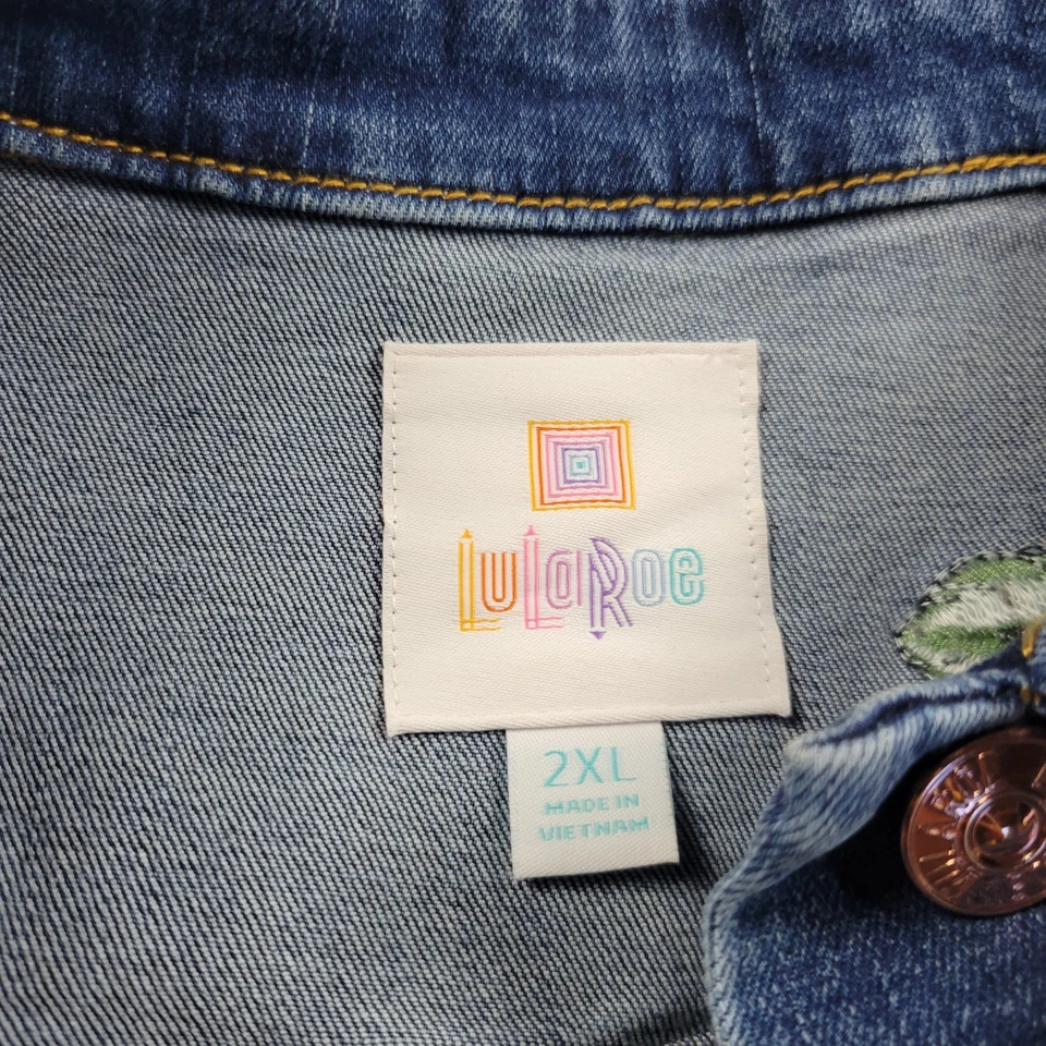 Chaqueta vaquera Lularoe para mujer 2XL dorada bordada flores bolsillos de mezclilla oscura Foto 2 de 4