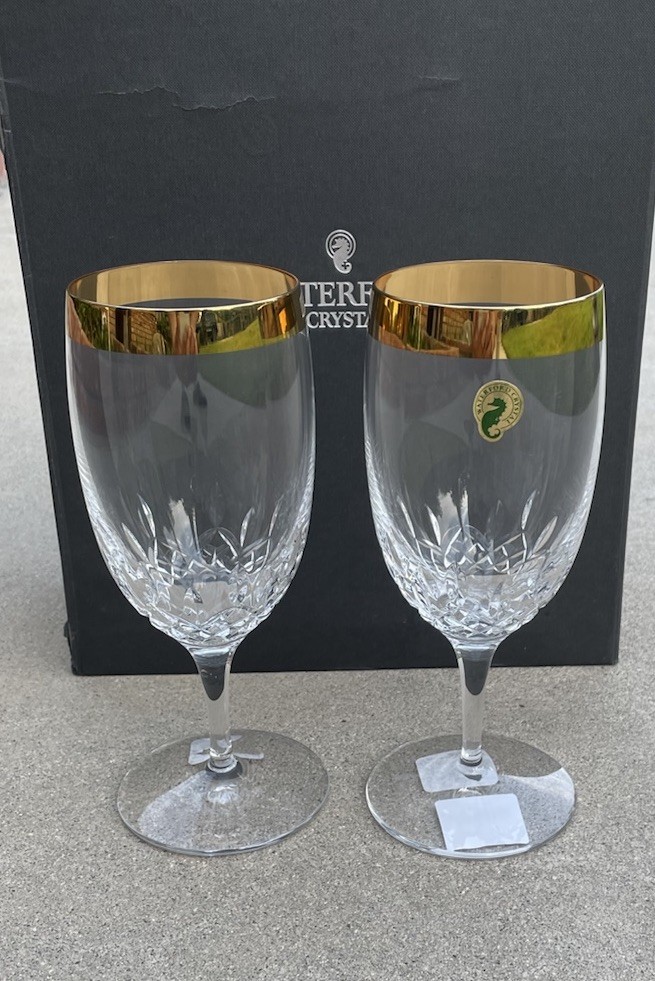 Waterford Crystal 8.5” Lismore Essence Wide Gold Band Iced Beverage Glasses NIB