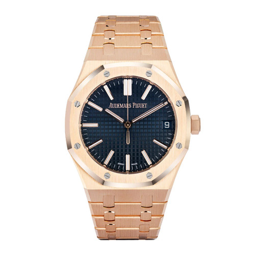 Audemars Piguet Royal Oak Watch 41MM Blue Index Hour Markers Dial Rose Gold
