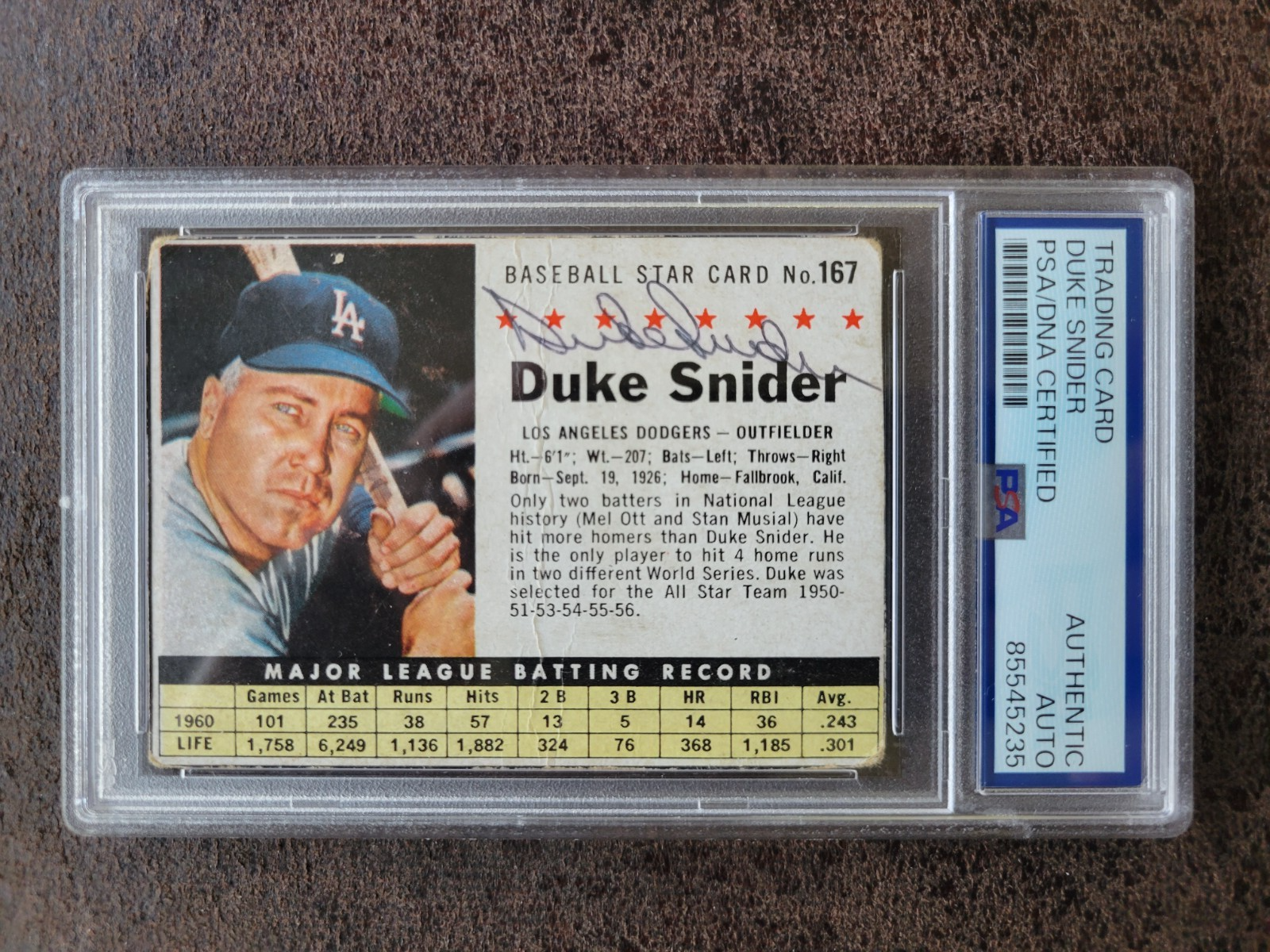 Duke Snider Autographed Signed Brooklyn Dodgers 1961 Post #167 - PSA/DNA -, New York Mets 