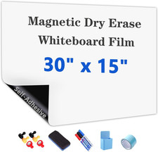 Adhesive Magnetic Dry Erase Whiteboard Film, 30" x 15", Includes Marker Eraser