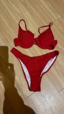 Ladies Red Ribbed Underwired Bikini Set With High-leg Briefs - Size L - BNIP