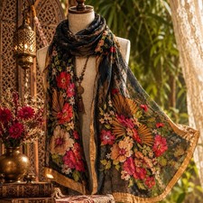 Vintage Sheer Embroidered Scarf Floral Raised Satin Stitch Black Gold 20x85 Vintage Sheer Embroidered Scarf Floral Raised Satin Stitch Black Gold 20x85