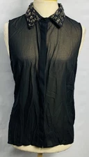 San Joy Women Studded Collar Shiffon Black Blouse Sleeveless Size M