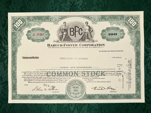 Baruch-Foster Corporation Stock Certificate Issued to Shearson Hammill & Co 1969