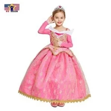Sleeping Beauty Aurora Princess Jacquard Kid Child Dress Pink Halloween Costume