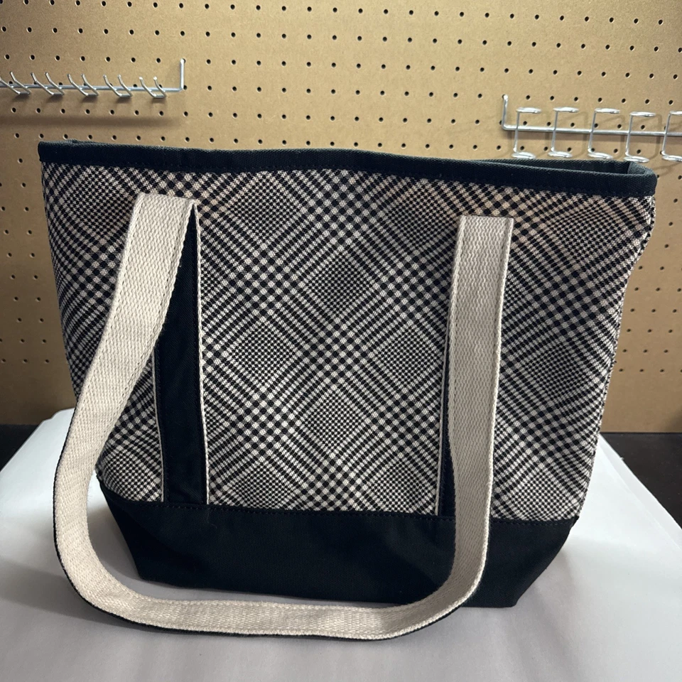 Bolso de hombro Lands End negro/crema natural pata de gallo a cuadros lona cremallera superior Foto 3 de 4