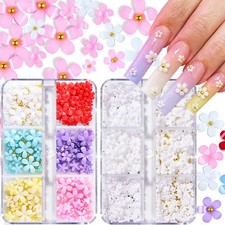 3D Flower Nail Charms, 2 Boxes 3D Acrylic Flower Nail Art Rhinestones White P...