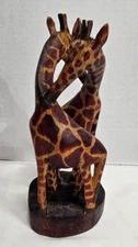 Wooden baby giraffes statue/figurine 8" tall on wooden stand hand-carved