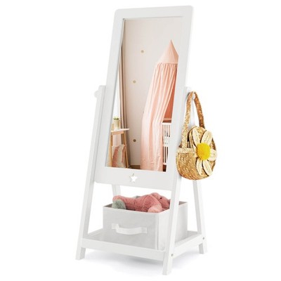 Kids Freestanding Full Length Dressing Floor Mirror with Shelf Storage Bin White
