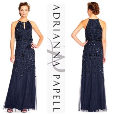 adrianna papell navy floral halter dress Beaded Long Gown los angeles Olive Crushed Velvet store