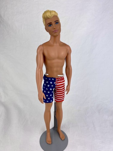 BARBIE Blonde Ken Doll HDK53 American Flag Swim Shorts Summer 2021 Patriotic USA - Picture 3 of 14