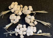 6 Bunches Of 12 White Satin Ribbon Roses w/Wire Stems for Crafts New