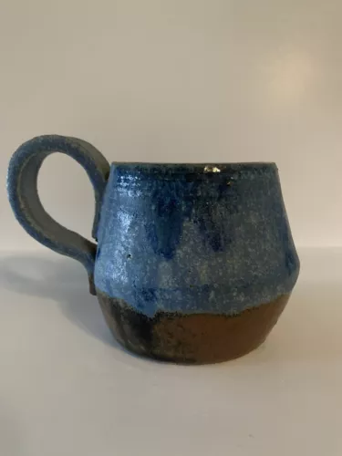 Vintage Hand Thrown Pottery Mug Drip Glaze Signed. Blue Brown. Large