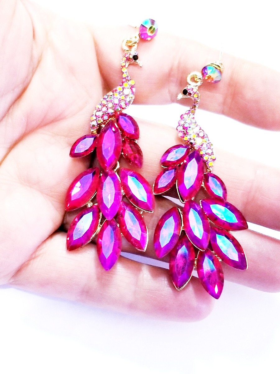 Peacock Drop Earrings Rhinestone Crystal Dangle Chandelier inch Pink AB