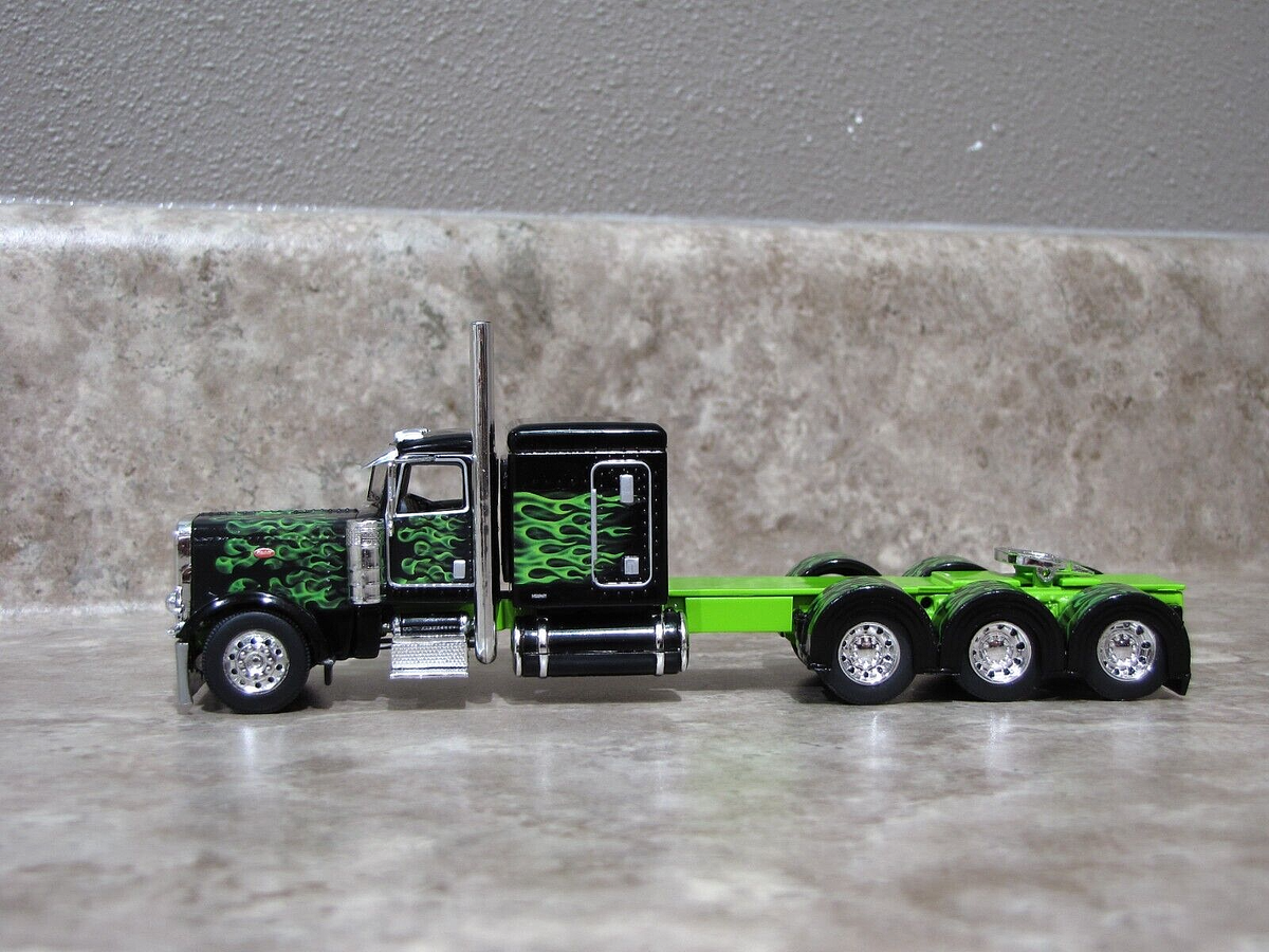 DCP 1/64 Black Lime Green Flames Tri-Axle 389 Peterbilt Semi Truck