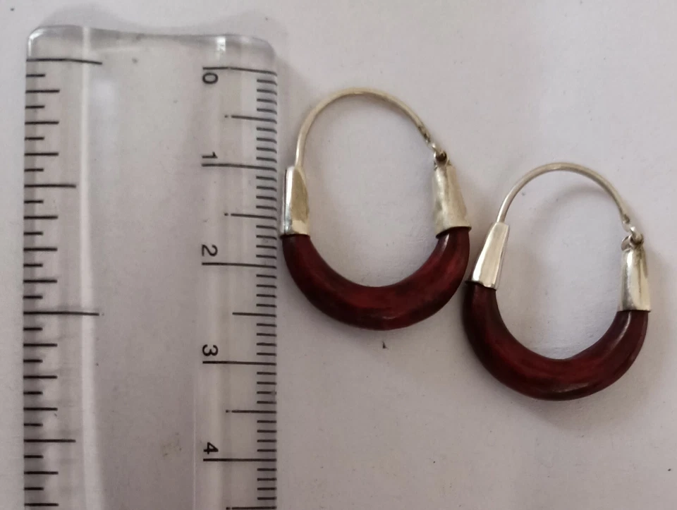 Pendiente artesanal artesanal de plata esterlina y madera pequeños aros Huggies joyería FS Foto 2 de 4