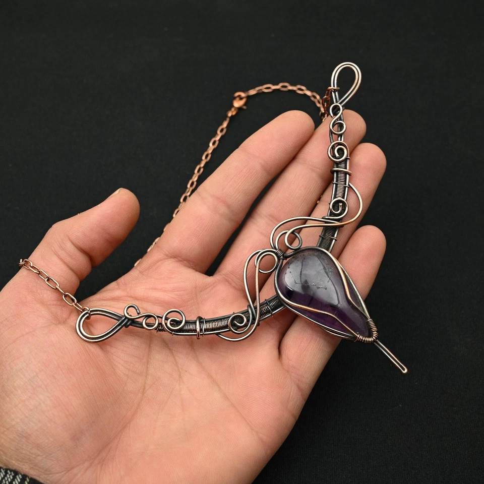 Collar ajustable hecho a mano con envoltura de alambre de cobre de piedras preciosas de amatista joyería regalo para Foto 2 de 4