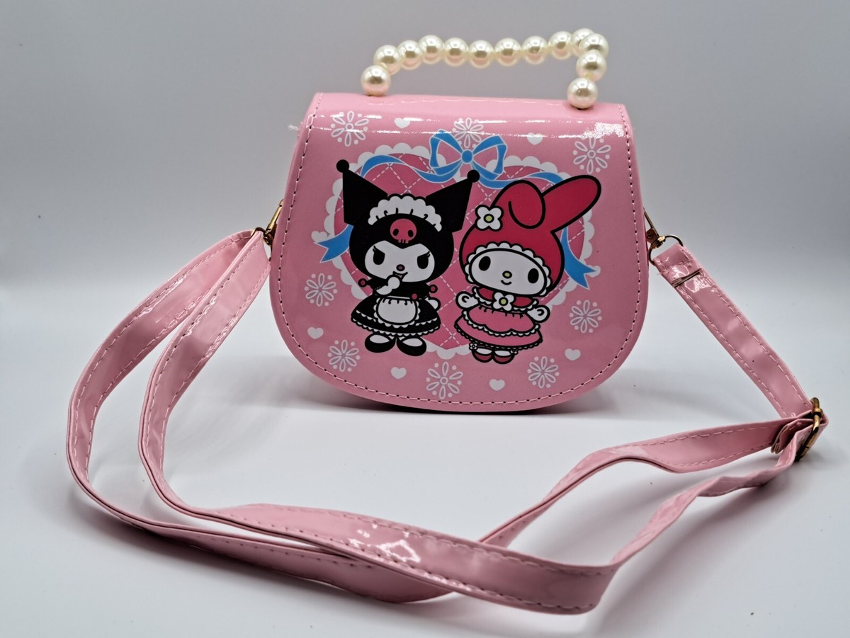 Kuromi & My Melody Light Pink Purse with Flowers and Pearl Handle