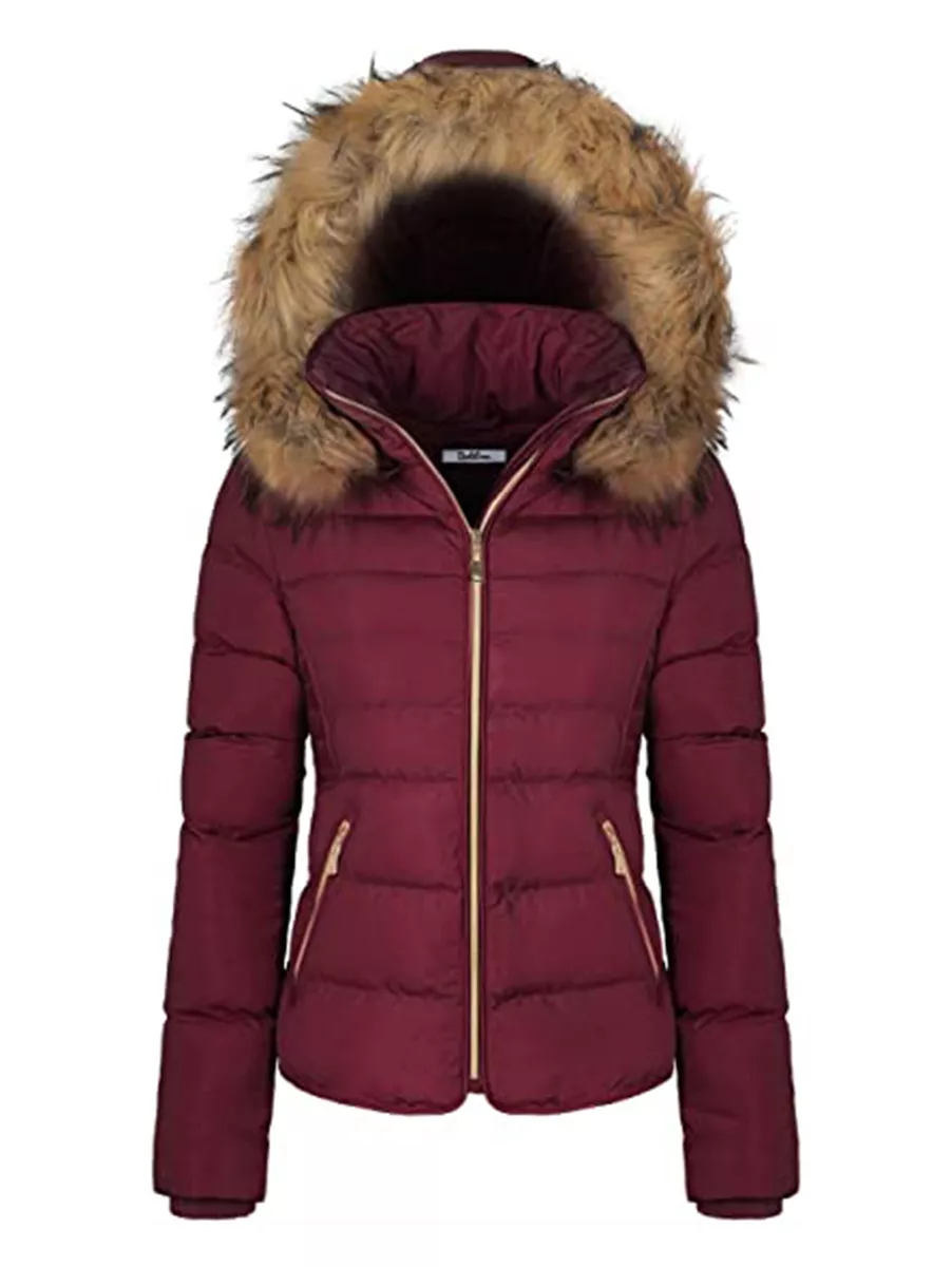 Womens puffer jacket with faux cheap fur hood