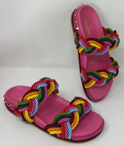 Valentino Garavani Torchon Rockstud Slide Sandals Espadrille $890 Size 36 Multi - Picture 3 of 16
