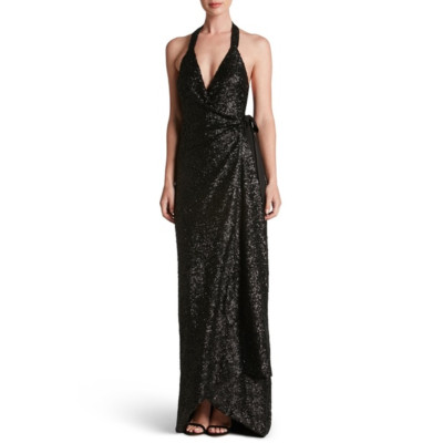 Dress the Population Womens Small Giselle Sequin Halter Wrap Gown Dress $308