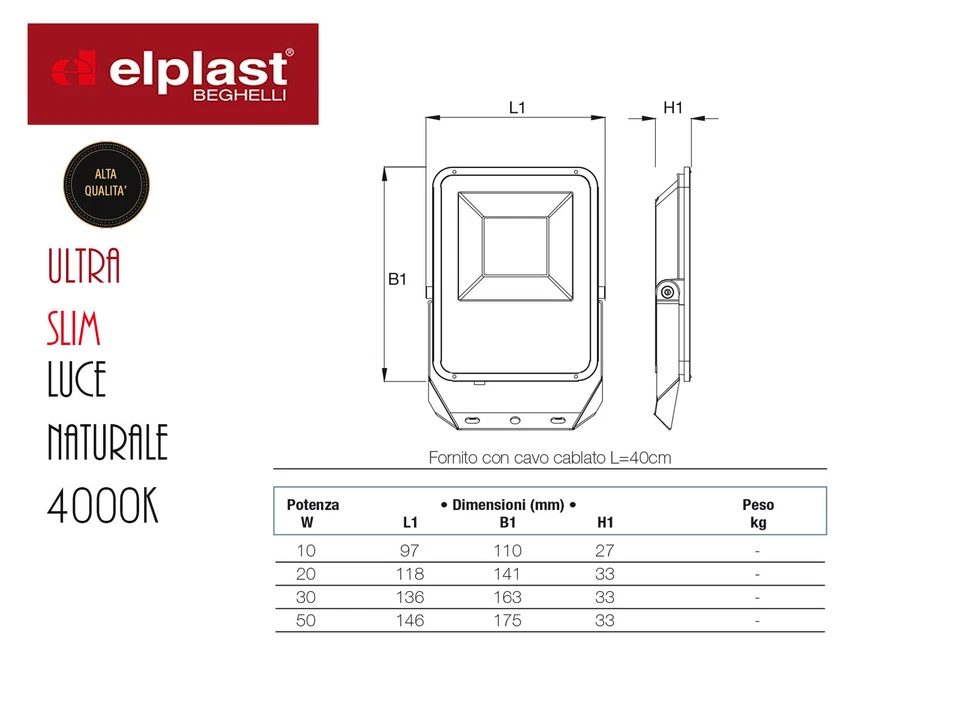 FARO FARETTO A LED 10W 20W 30W 50W 100W 200W BEGHELLI DA ESTERNO 4000K SLIM - Immagine 3 di 3