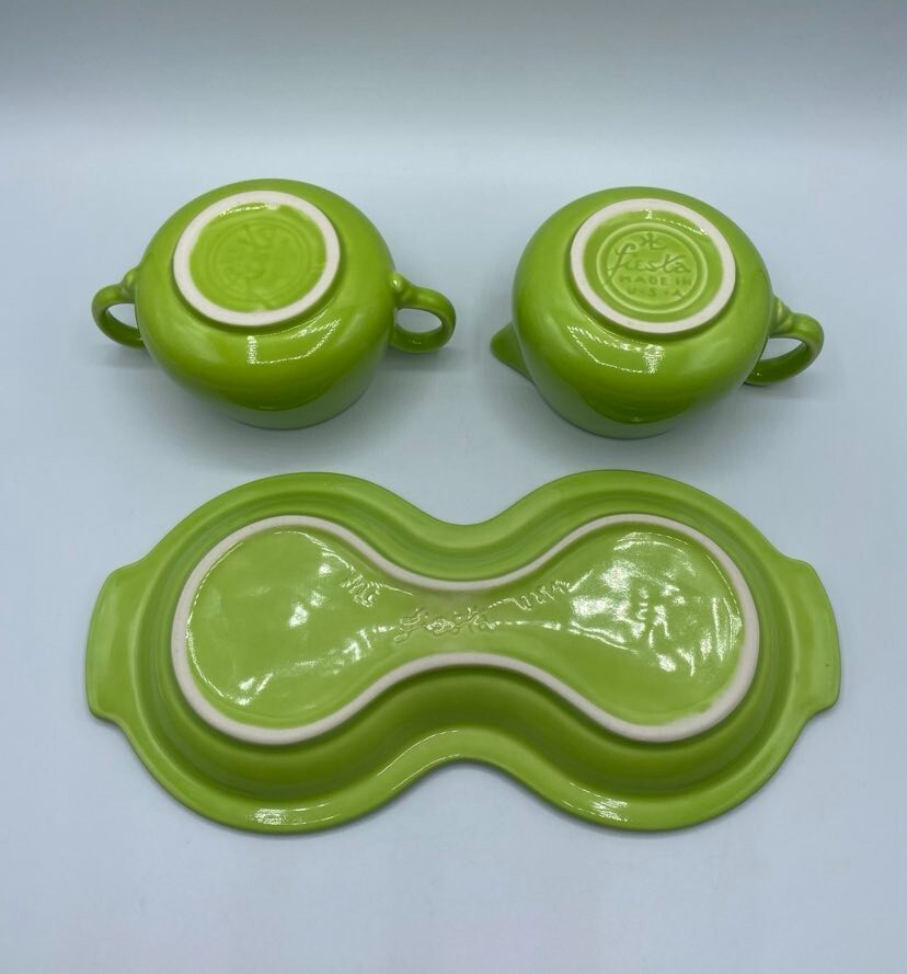 Fiesta Fiestaware Homer Laughlin Lemongrass Chartreuse Creamer Sugar Tray Set 3p eBay