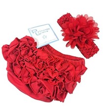 Princess Linens Ruffled Red Bloomers  Floral Headband Set Infants Size S NWT
