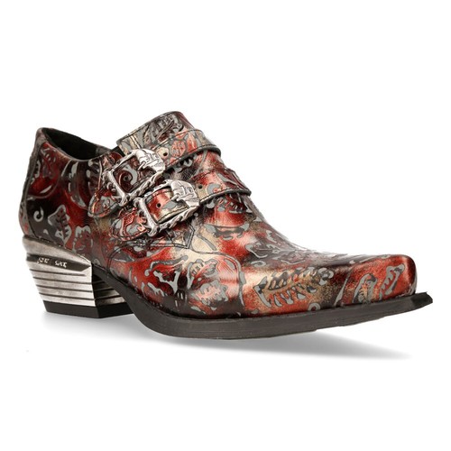 New Rock 7960-S5 Embossed Vintage Black, Red Leather Buckle Steel Heel Shoes - Picture 3 of 8