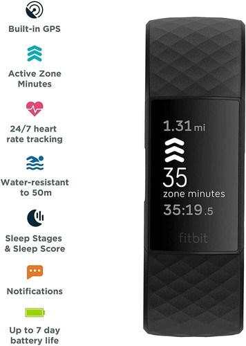 Fitbit Charge 4 Advanced Fitness Tracker GPS Heart Rate FB417BKBK - Zdjęcie 2 z 15