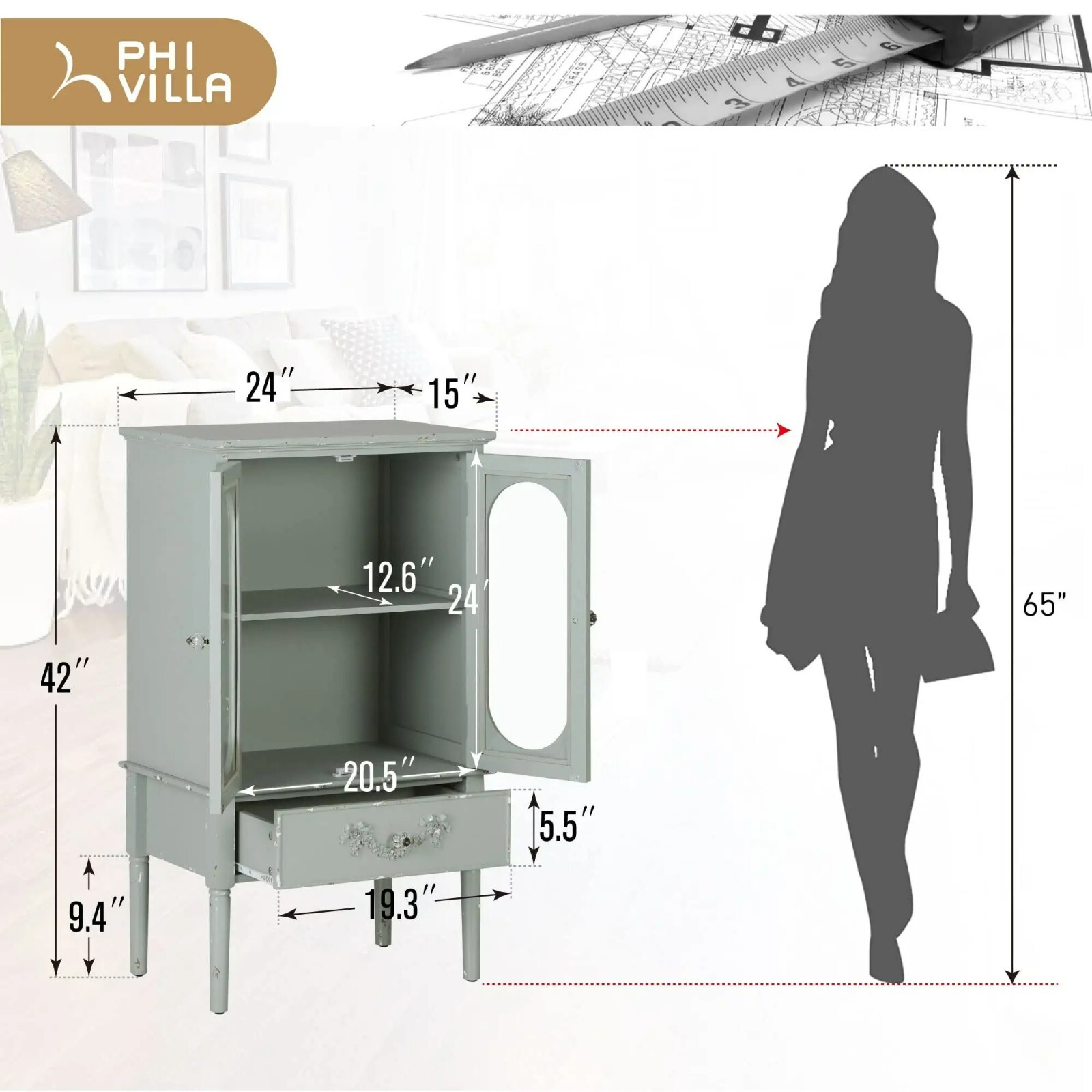 Accent Display Storage Cabinet with 2 Glass Door for Living Room Green ...