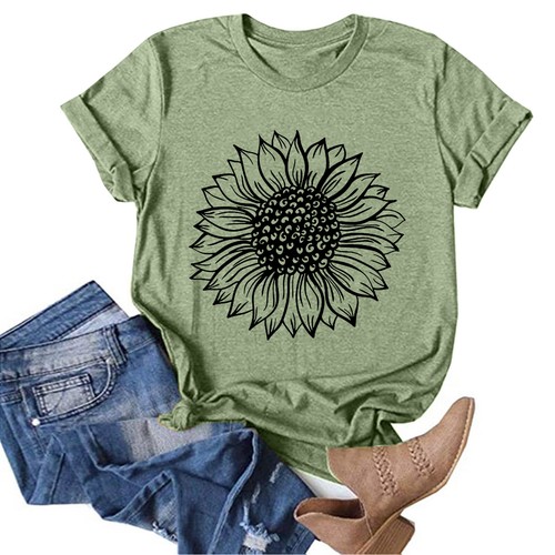 Women Casual Sunflower Printed Shirts Round Neck Short Sleeve Tee Tops Blouse - Bild 12 von 25