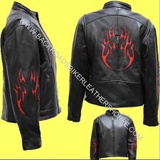 Ladies Womens Leather Motorcycle Racer Style Jacket Tribal Flames – Sizes Xs-4x