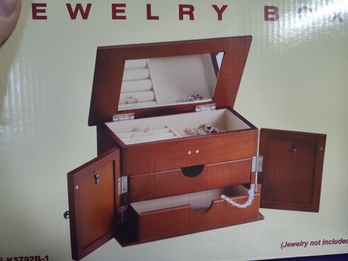NEW Jewelry Box JF-K5792B-1, Mat Cherry Finish, Ivory Lining - Picture 3 of 4
