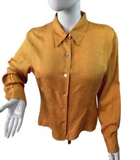 SilkLand Silk Jacquard Btn Up Shirt Blouse Womens M Gold Texture M Shell Buttons