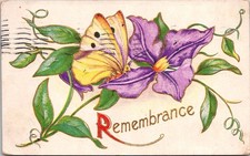 Remembrance Yellow Butterfly Purple Flowers 1900s Postcard
