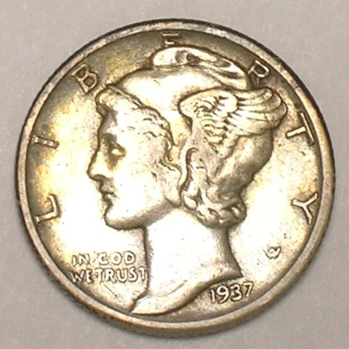 1937 Mercury Winged Head Dime 10 Cents Silver Coin VF+