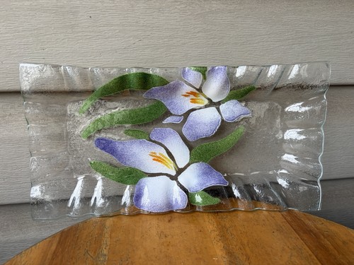 Sydenstricker Purple Orchids Flowers Fused Art Glass Rectangle Plate Tray 12"