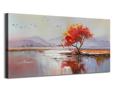 Landscape Canvas Wall Art Textured Large 48''x24''- Red Tree & Lake Reflection ...