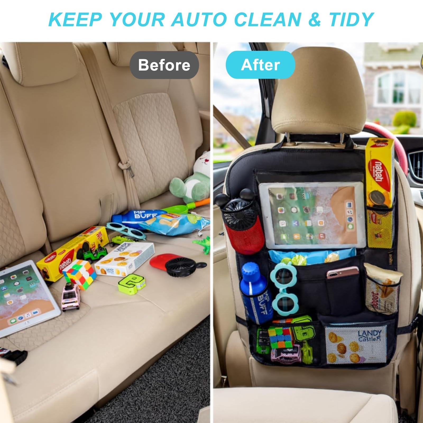 Matenf Car Organizer Back Seat with 9 Storage Pockets  10″ Tablet Holder, 1P...