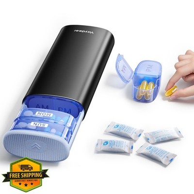 Vaydeer AM/PM Metal Pill Organizer 7 Day Travel Case Airtight Black